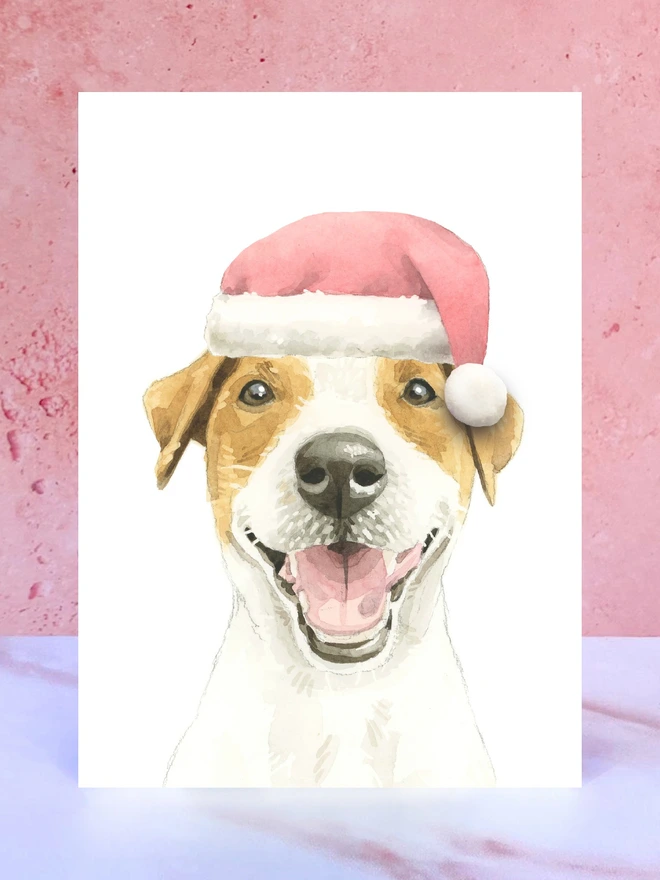 white brown jack russell terrier dog santa hat pompom christmas card