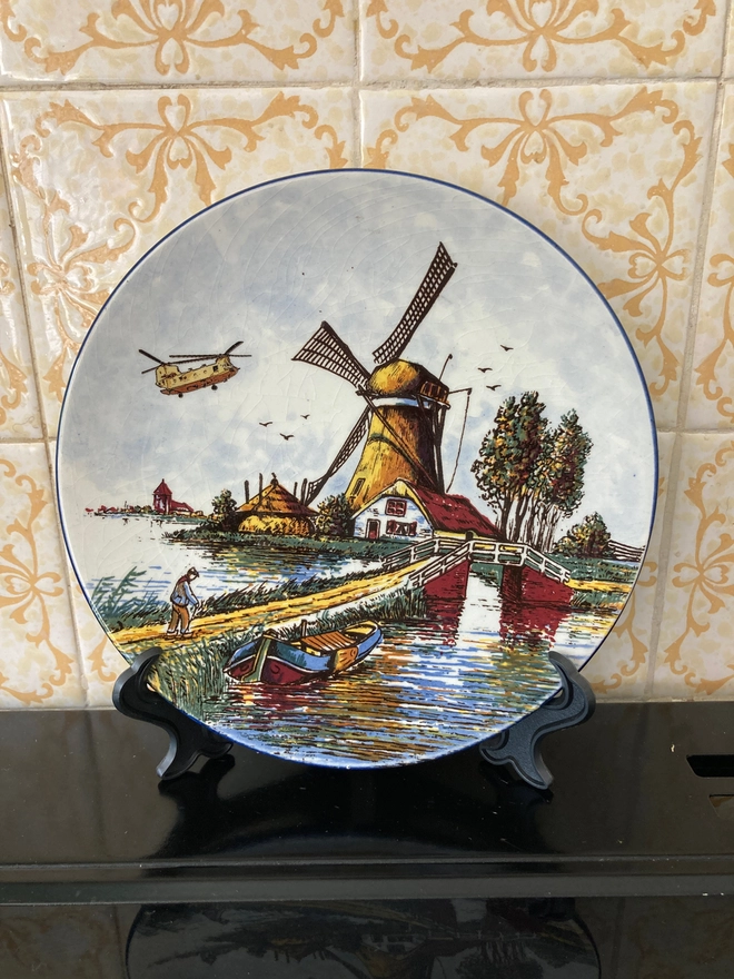 Chinnock, Vintage plate, china plate, hand printed plate, original gift, cool gift, unique gift, ceramic plate, wall art, Helicopter, Dutch plate, Dutch art