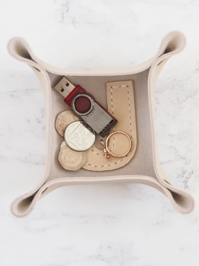 mini cream leather jewellery side tray