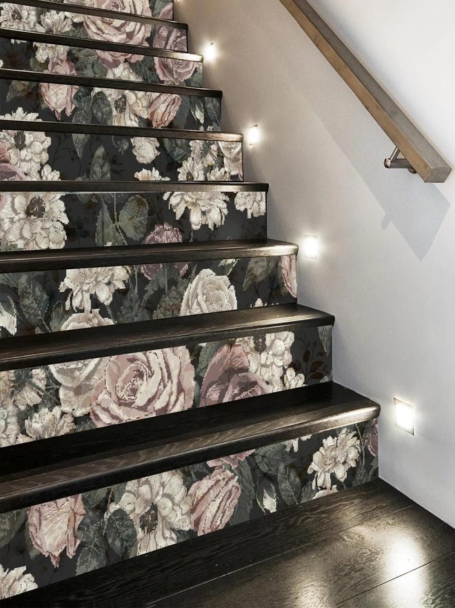Florence Floral Stair Raiser Stickers on dark wood stairs