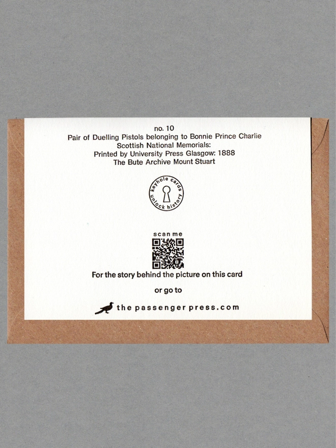 Back face of a white card on a brown envelope. Printed grey text, logo and QR code.