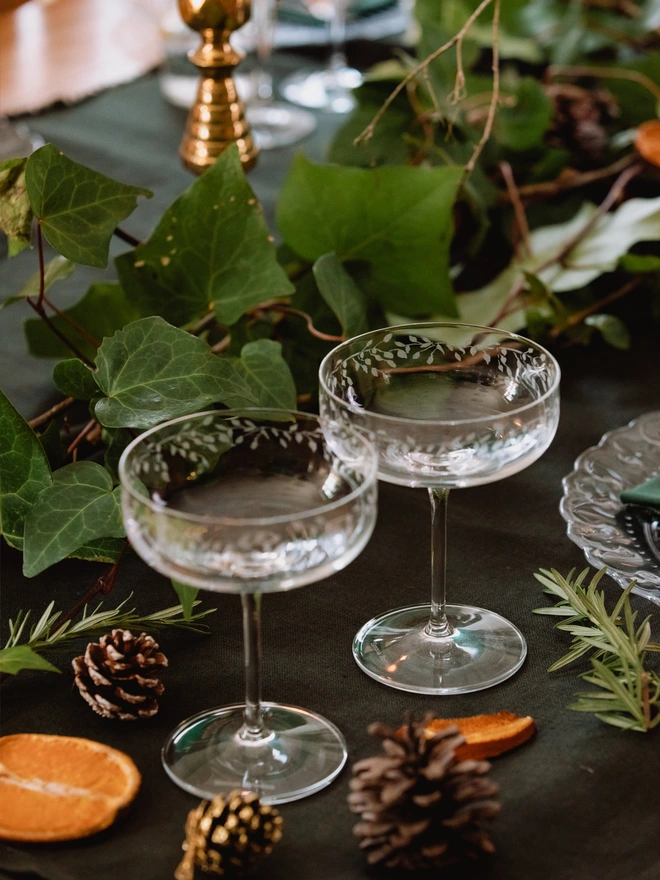 Silver Birch etched design coupe glasses set of 2