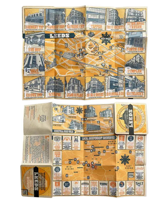 Leeds Pocket Pub Guide. A map of Leeds with notable pubs and breweries highlighted