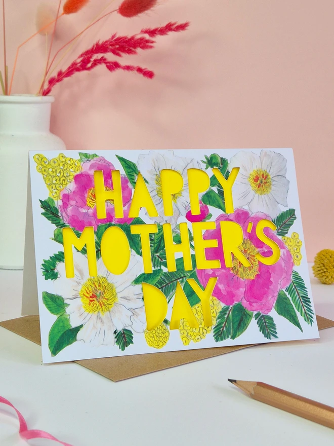 Happy Mothers Day peony floral card yellow 