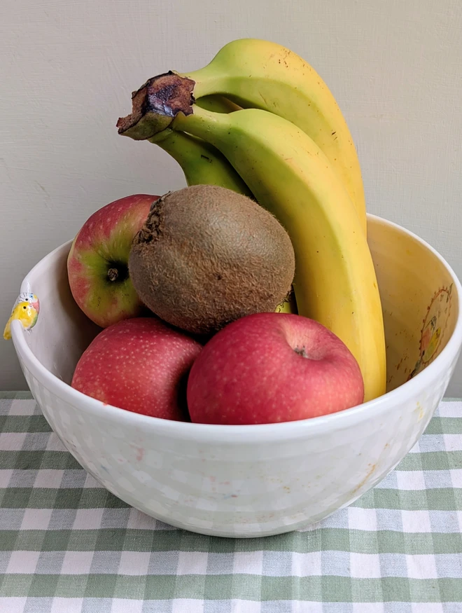 budgie couple serving fruit bowl bowl with a budgie couple perched on the edge and a hand painted mirror inside the bowl  