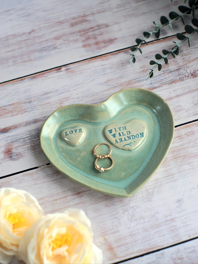 love with wild abandon dish, ceramic jewellery dish, heart dish, heart jewellery dish, Jenny Hopps Pottery