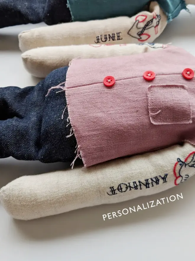 tattooed bear doll. two cream linen bear dolls with embroidered arm tattoos and a pink waistcoat.