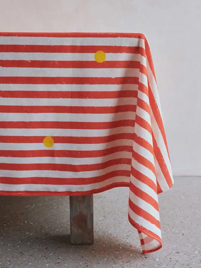 Red stripe and yellow dot tablecloth 