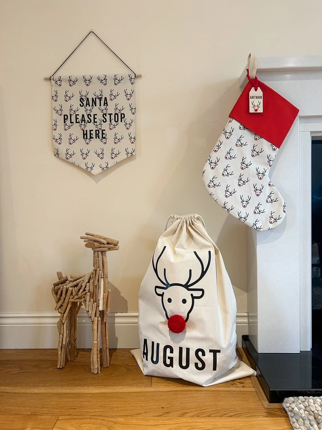 Personalised Canvas Reindeer Design Christmas Sack with Red Nose