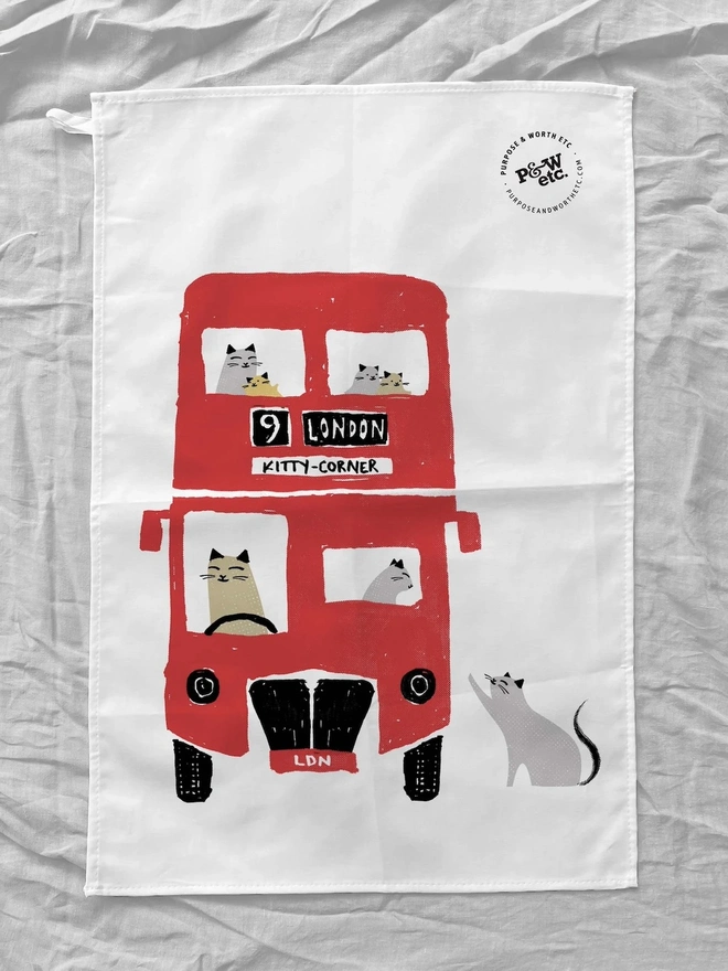 London Bus Cat Tea Towel