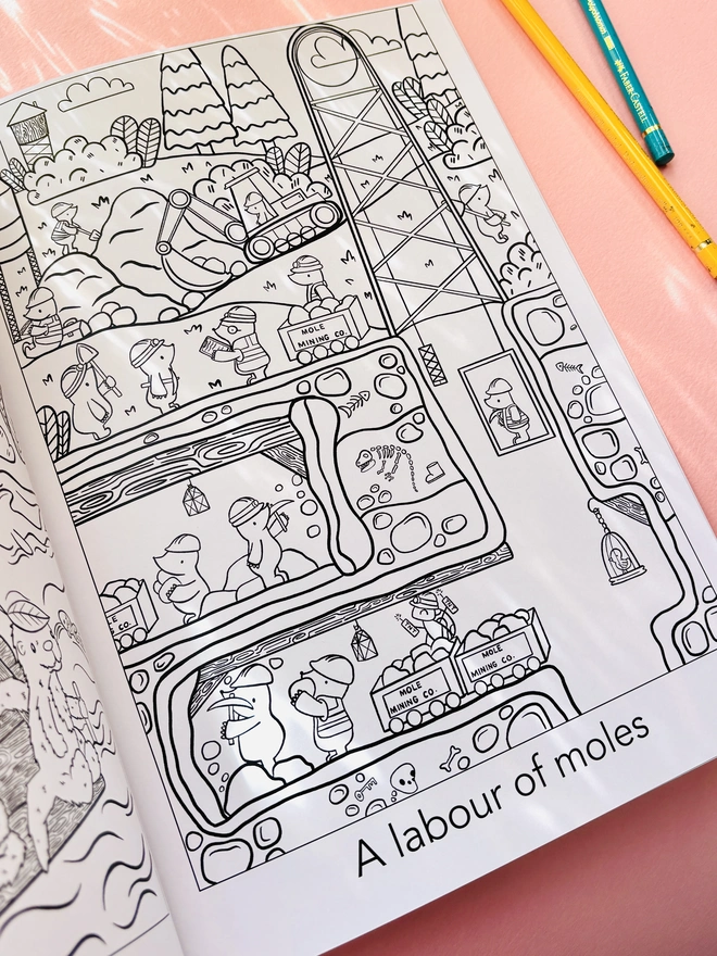 Page from a crown of kingfishers collective noun colouring book showing ‘A labour of moles’ of lots of moles in hard hats on a building site