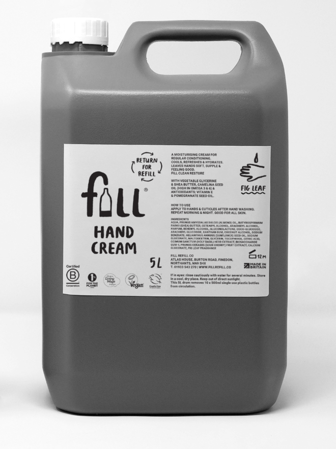 Hand Cream. A home refill tub labelled Fill Hand Cream.