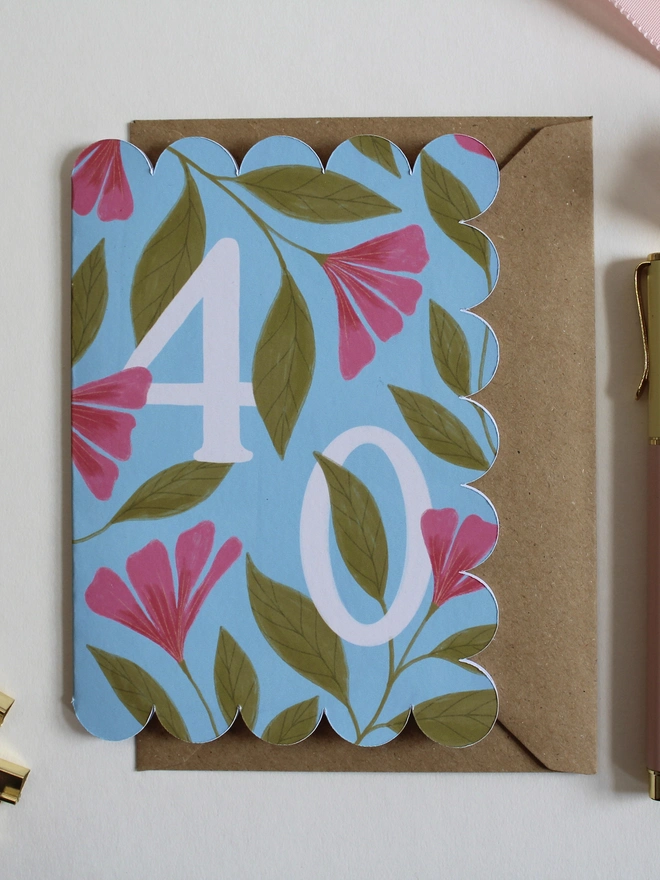 floral 40th birthday card with scalloped edge pink and blue