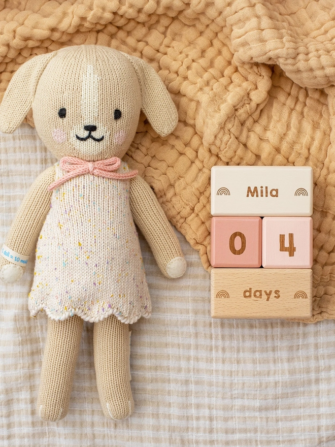 baby milestone blocks in sand, salmon and peach counting baby's age in days