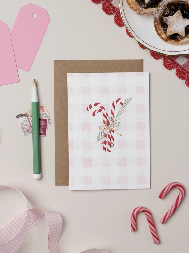 Candy Cane Gingham Check Christmas Card
