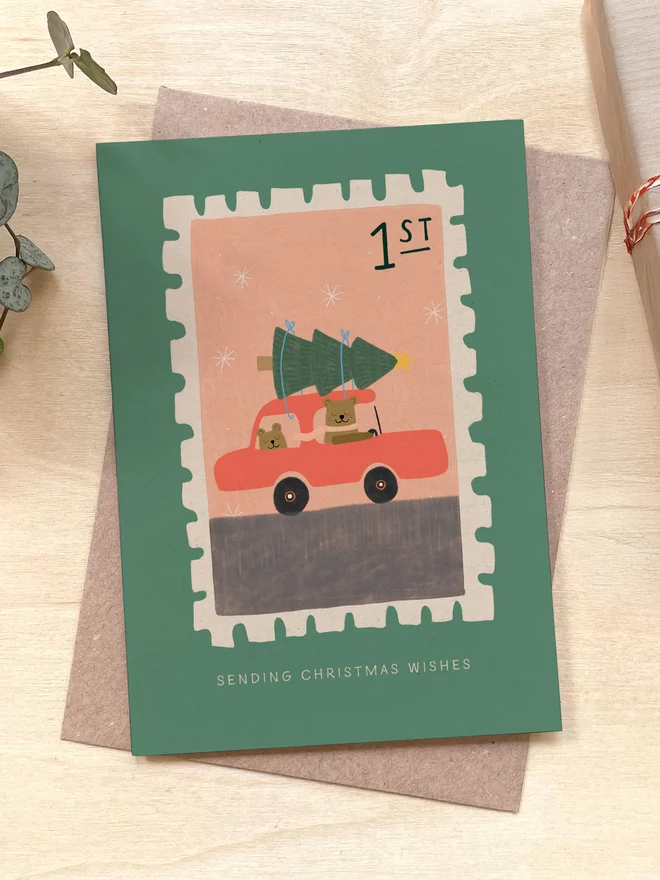 Driving Home for Christmas Stamp Recycled Coffee Cup Christmas Card