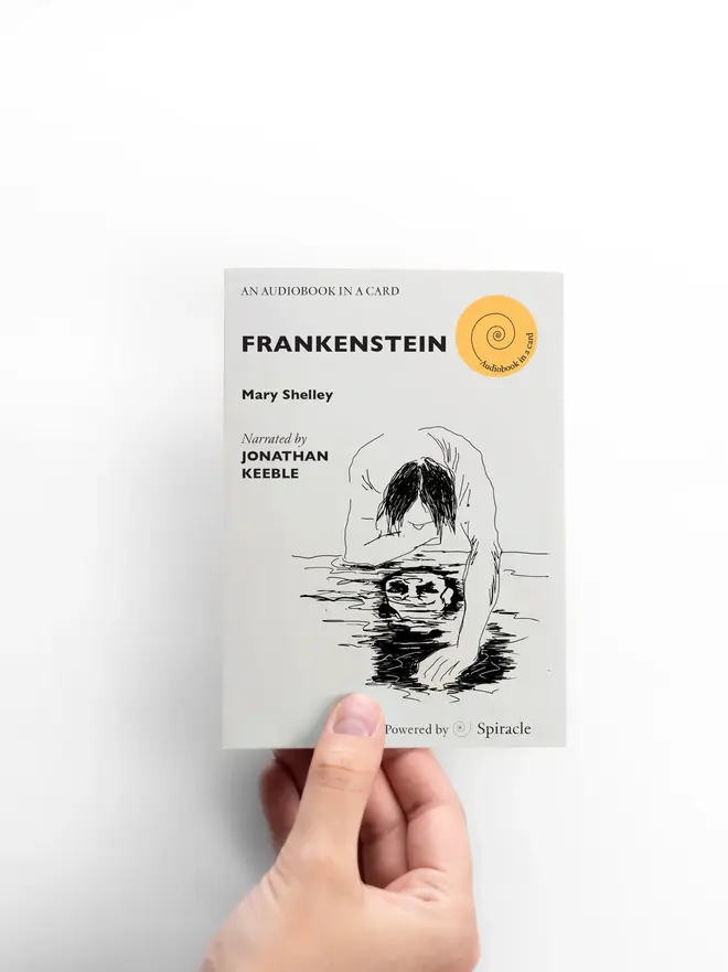 Frankenstein By Mary Shelley Audiobook In A Card, against a white background. 