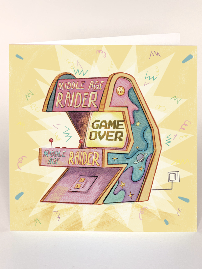 middle age raider birthday card designed for men. With a retro, vintage hand drawn style from the 80s, this fun and bright colourful card is great for birthdays or fathers day to celebrate a dad with a sense of humour