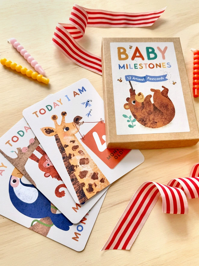 illustrated animal themed baby milestone cards by Emily Nash Illustration- postcard keepsake multipack for babies