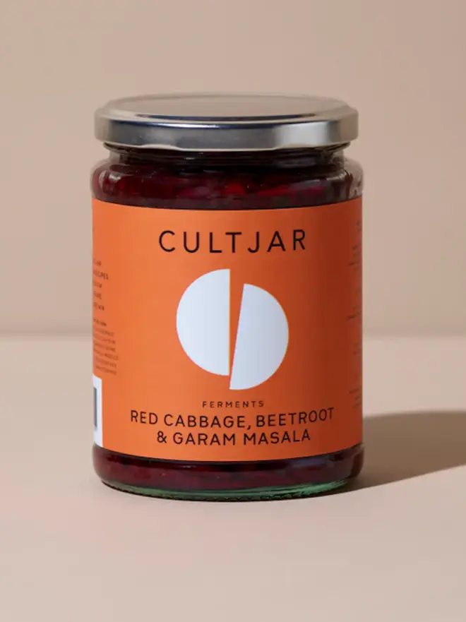 jar of red cabbage with orange label