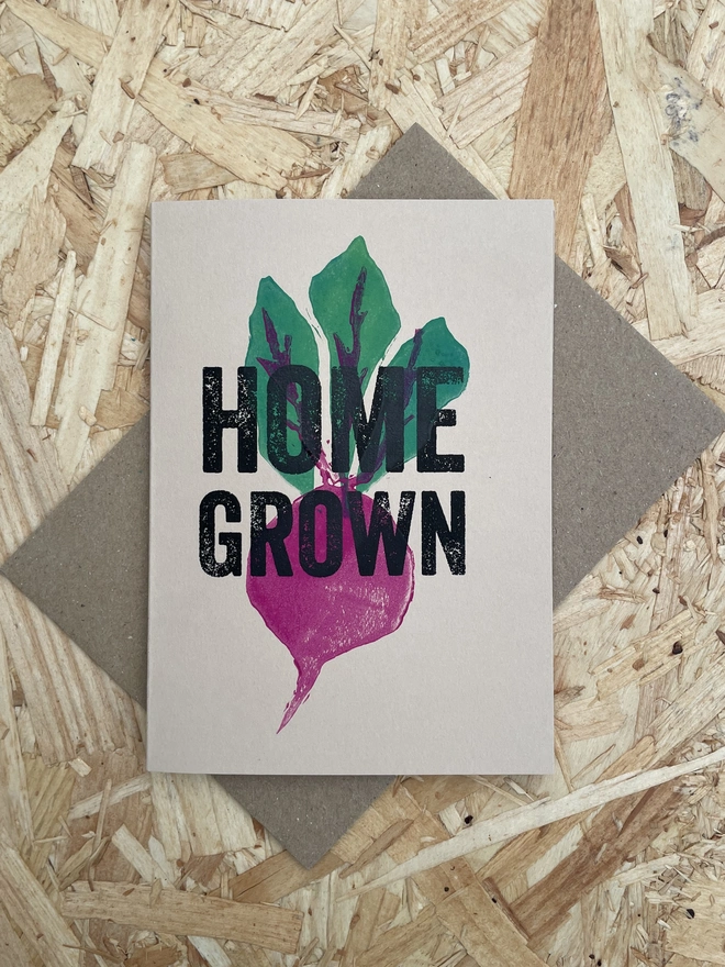 beetroot card printed on brown paper