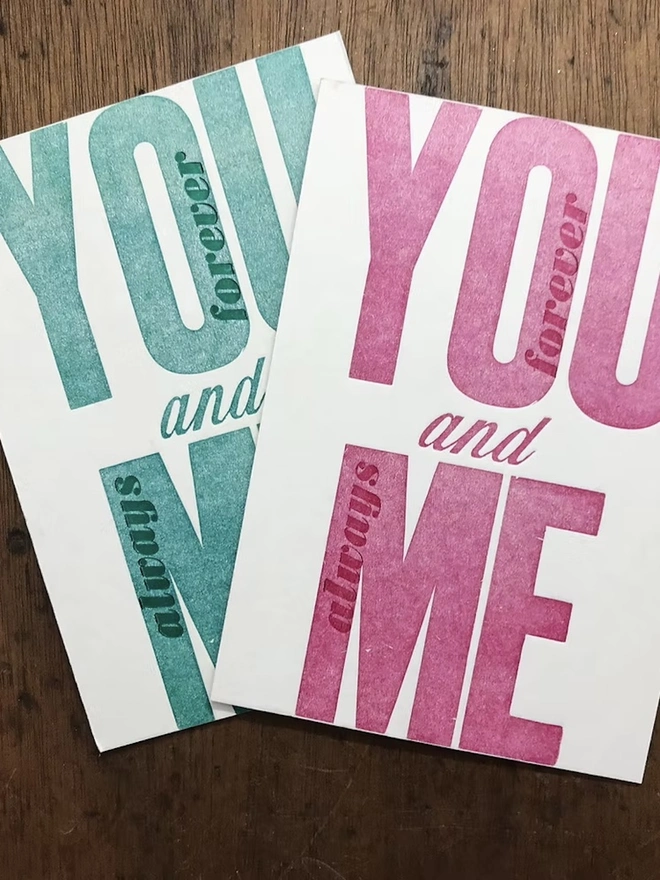 'You And Me Always And Forever' Love Card, red and green duo placed on table. 