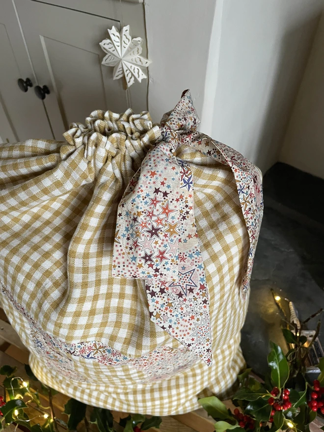 Gold Gingham Linen Fabric Christmas Gift Sack with Liberty London Print Letter and Tie
