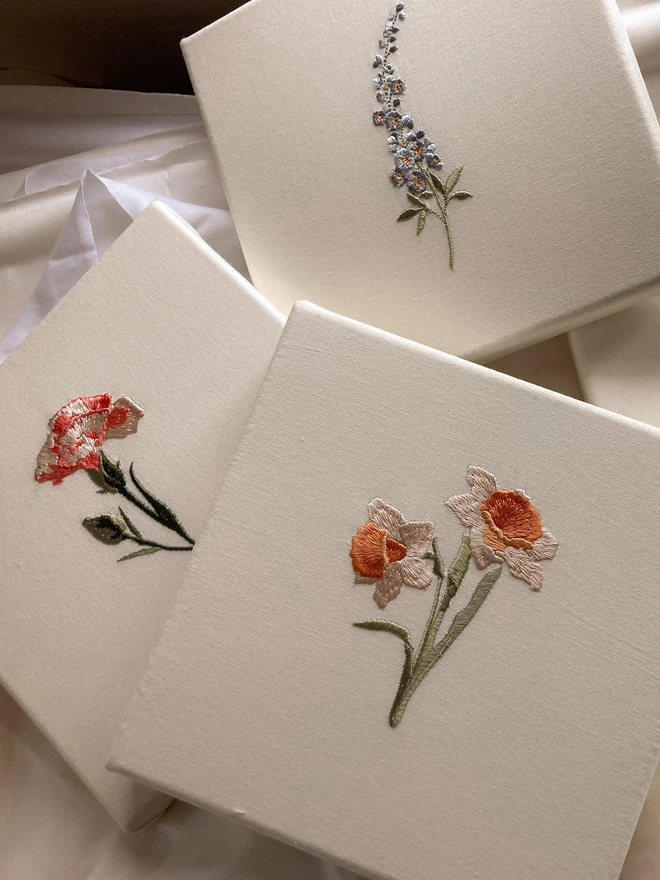 Daffodil, carnation and Larkspur embroidered birth flowers