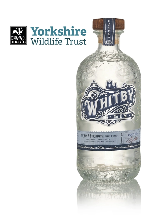 Navy Strength Gin, a bottle of gin sitting on a white plain surface