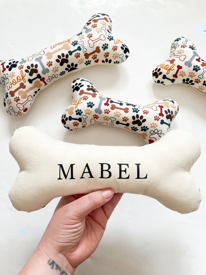 personalised handmade cotton dog bone toy