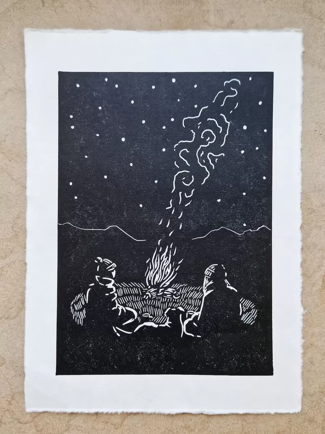 Campfire lino print
