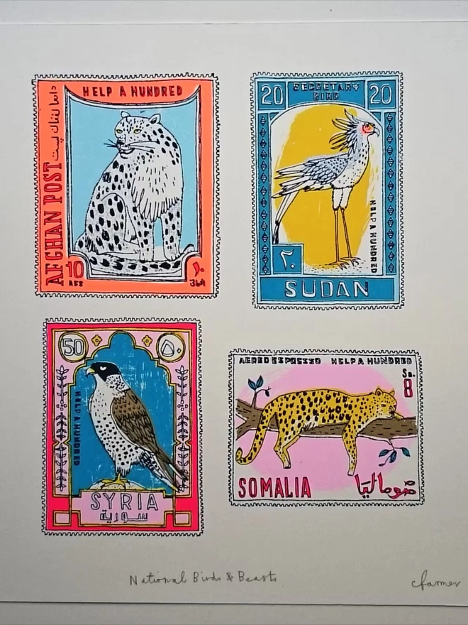 Animal Stamps Screenprint National Birds And Beasts, a set of colourful animal designs on a white screenprint. 