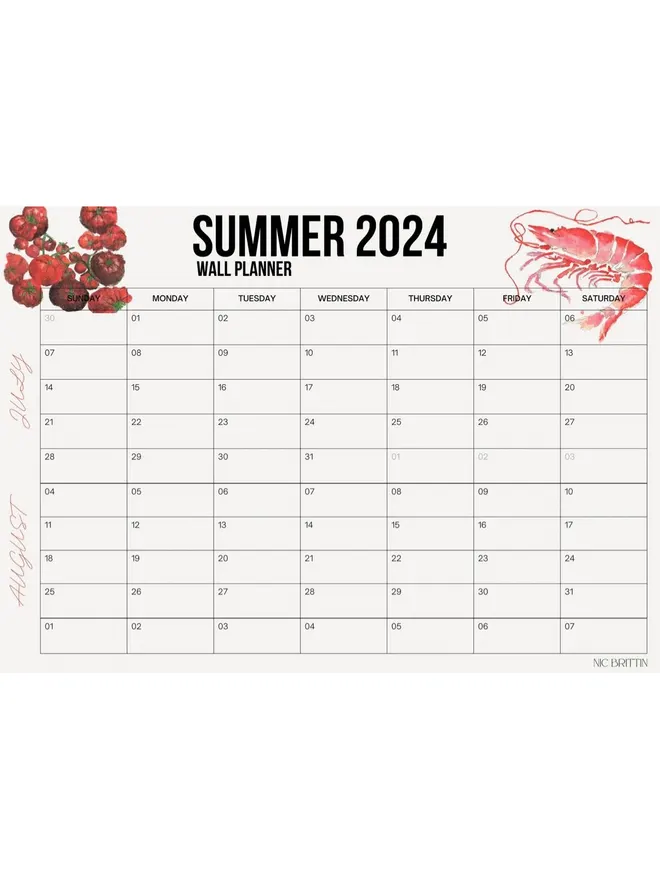 Summer 2024 wall planner calendar 