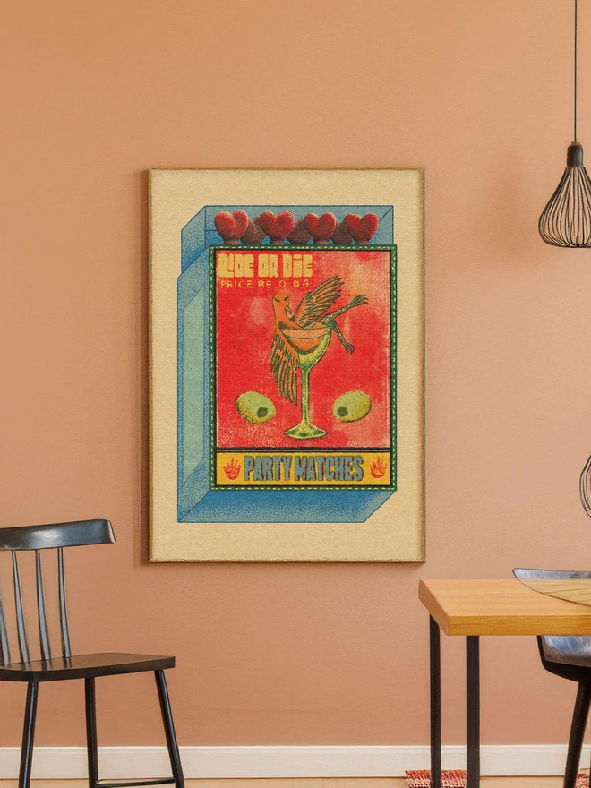 This eye-catching print features a surreal, vintage-inspired matchbox design that blends mid-century commercial art with a gritty, modern "Ride or Die" attitude. Perfect for a home bar, gallery wall, or as a gift for those who appreciate the intersection of high-class leisure and underground aesthetics.  Product Title: "Ride or Die" Vintage Matchbox Art Print The Design This piece captures the grainy, textured feel of mid-20th-century phillumeny (matchbox label collecting). The artwork features a chaotic yet elegant scene: a bird—reminiscent of a peace dove—lounging in a martini glass, flanked by oversized olives and crowned with the bold, rebellious slogan "RIDE OR DIE."  Key Features Unique Aesthetic: A mix of retro pop art and surrealism, utilizing a "risograph" style grain and stippled texture for an authentic vintage feel.  Vibrant Color Palette: Bold reds and sunny yellows contrast against cool blue and green accents, all set on a warm, aged-paper background.  Intricate Details: From the heart-shaped match heads to the "Price Re. 0-04" stamp, every element is designed to evoke nostalgia for old-world advertising.
