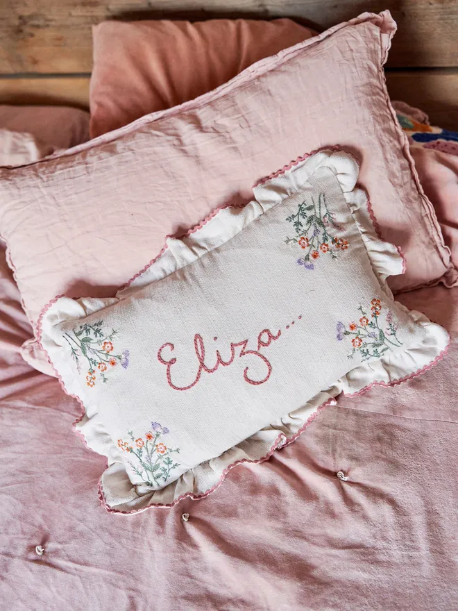 Linen Cushion With Embroidered Floral Border And Ruffle Trim