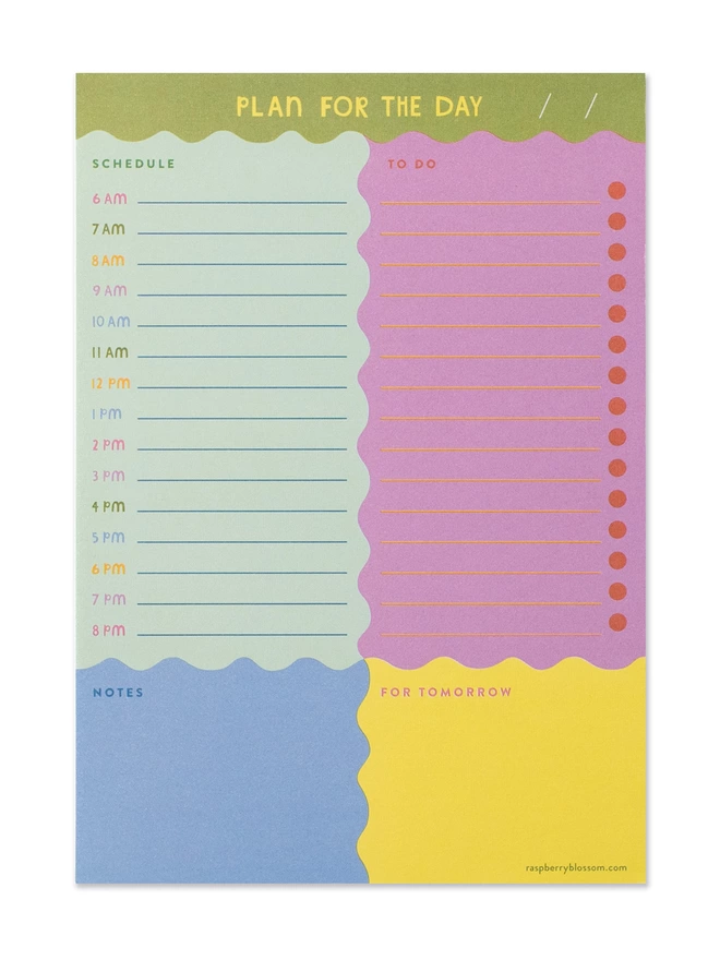 Raspberry Blossom ‘Plan for the day’ list pad. The design is sectioned into four colourful and helpful sections, schedule, to-do, notes and for tomorrow