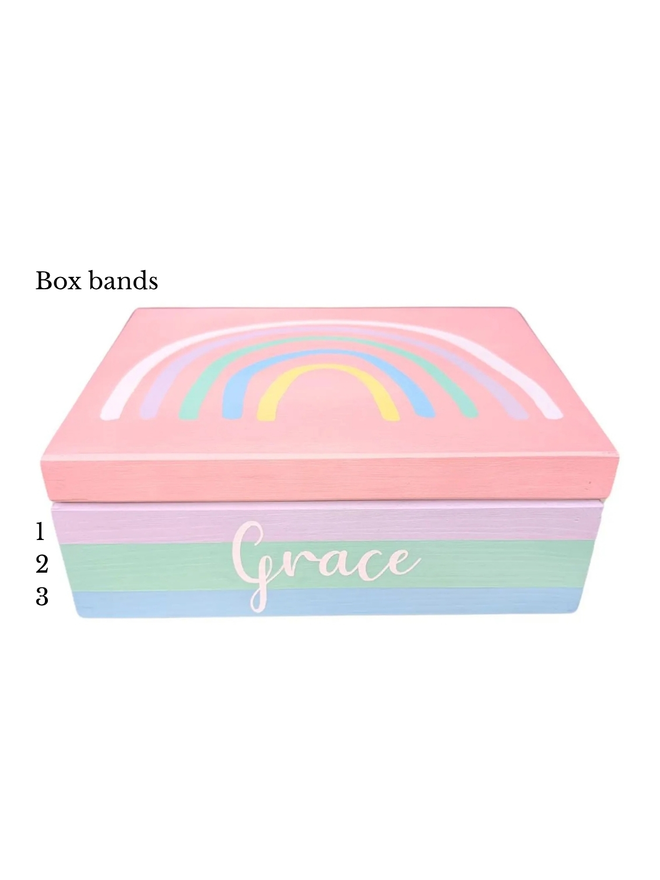 personalised rainbow kids' jewellery box. a custom wooden child's jewellery box.