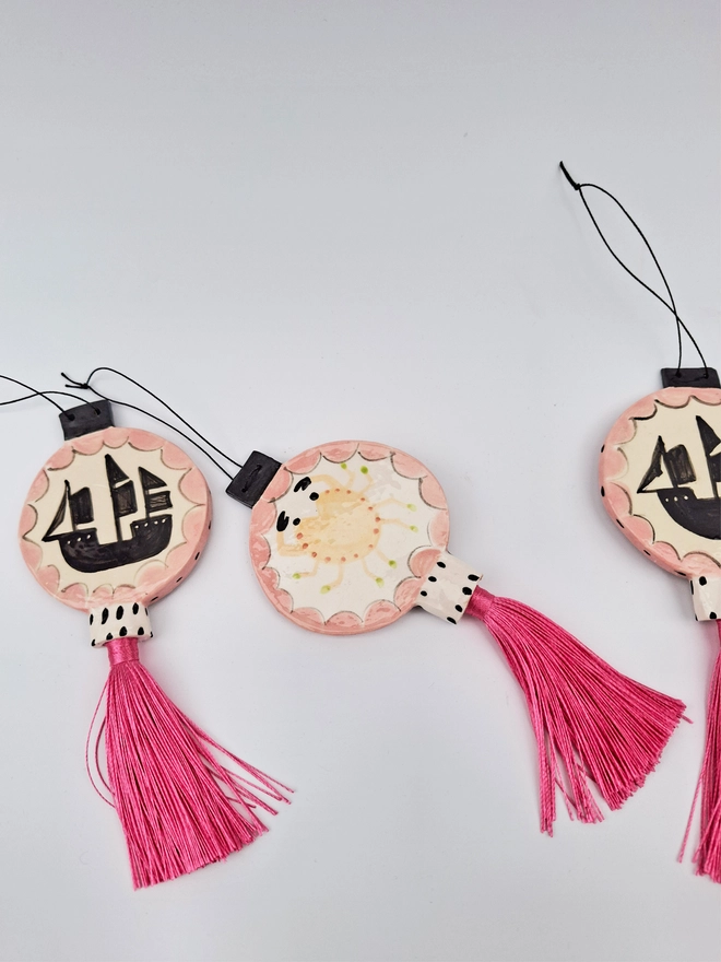 seafaring lantern ceramic pink handmade crab ship schooner silhouette chinoiserie decoration wall hanging art