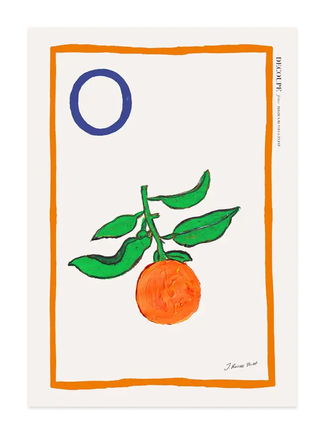signed a-z alphabet prints. orange print with the letter 'o' in the corner.