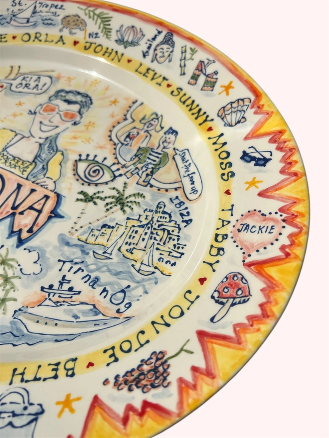 Close-up of a vibrantly coloured plate detailing personalised moments for this custom-made platter. Humorous and thoughtful show-stopping gift for any occasion.
.