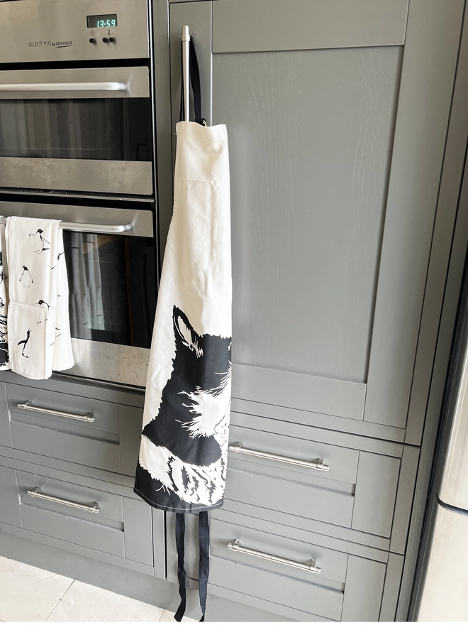 Cat cuddling apron hanging in the kitchen