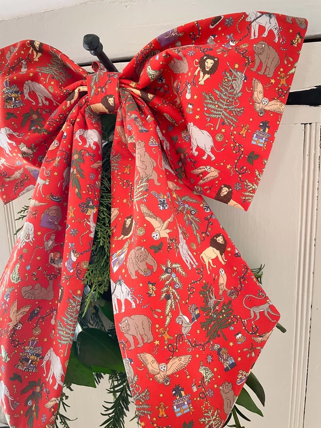 Oversized Christmas Bow Decoration in Liberty Print Christmas Red