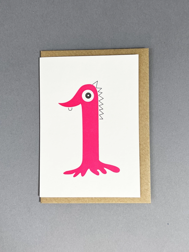 Neon pink playfully drawn number one medium sized card