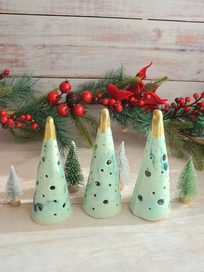 christmas tree lanterns, christmas tea light lanterns, christmas accessories, christmas lights, christmas trees lanterns, ceramic tree lanterns, ceramic christmas tree decorations, ceramic christmas trees, Jenny Hopps Pottery, green ceramic trees with gold 