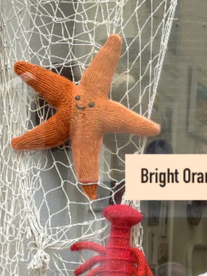 Starfish Knitting Kit. A bright orange and light orange knitted starfish.