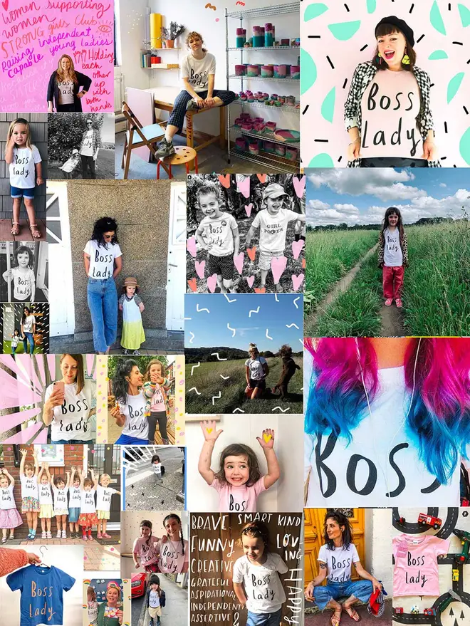 A collection of strong independent women and girls wearing the iconic Boss Lady t shirt