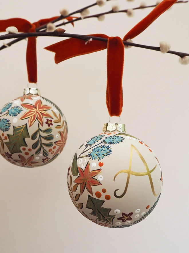 Beige personalised bauble with colourful floral details