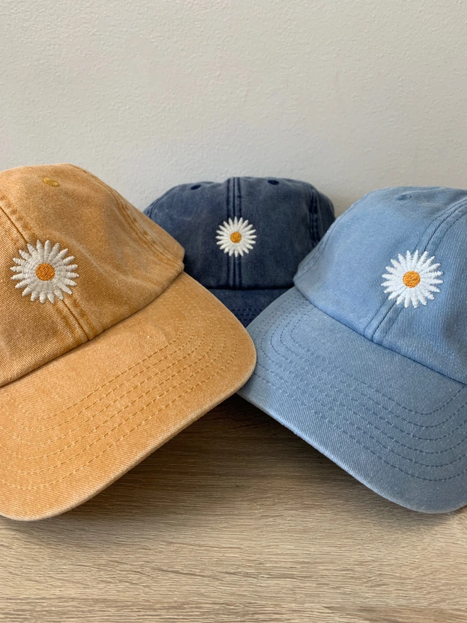 Personalised Daisy Cap in Vintage Mustard, Pale Blue and Dark Denim