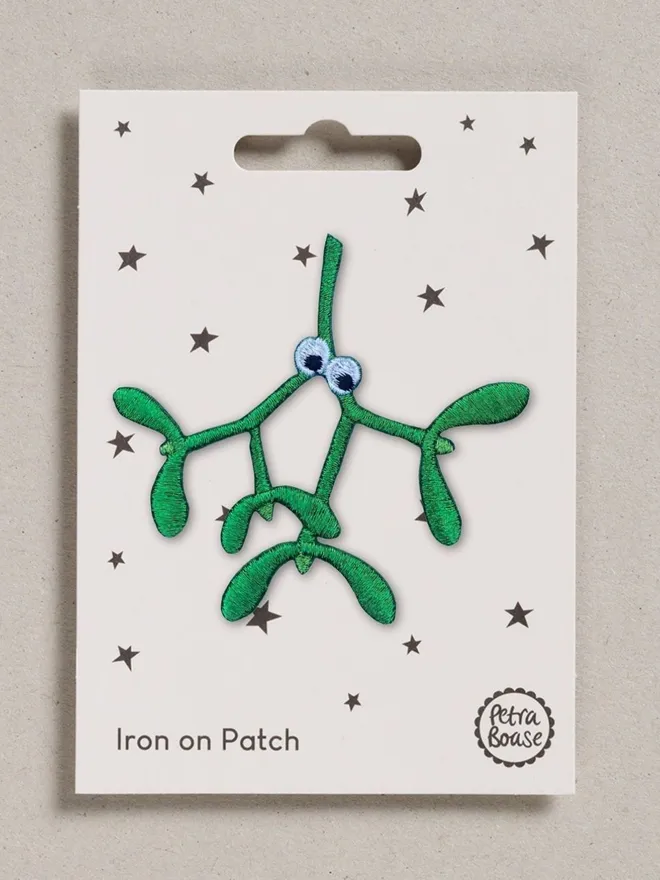 Mistletoe iron on embroidered fabric patch in metallic green threads.