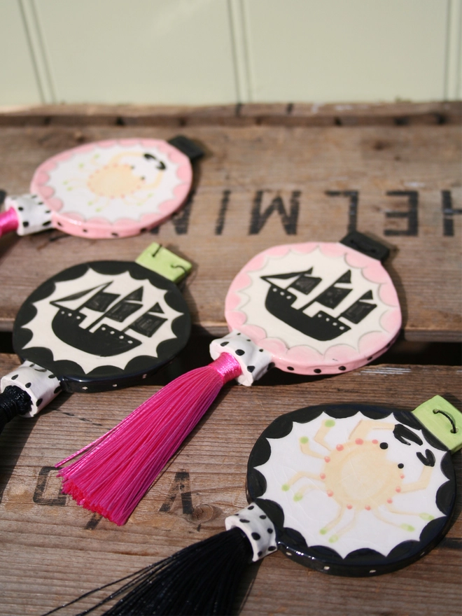 Ceramic double sided seaside lantern with crab and ship silhouette decorative hanging ornament 